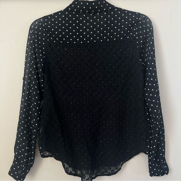 Xhilaration Black Polka Dot Semi-Sheer Lace Black White ButtonWomen's Blouse Top - Picture 6 of 12
